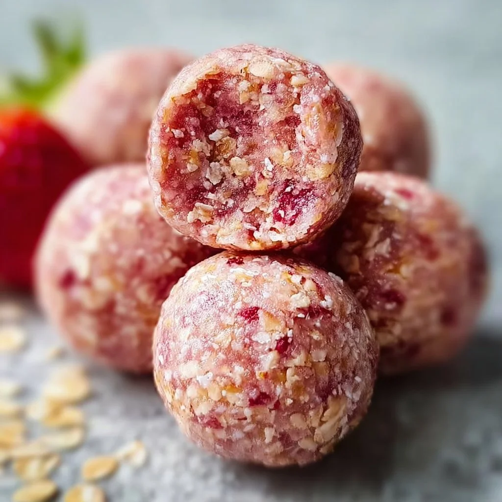 Strawberry Cheesecake Protein Balls 3 Delicious strawberry cheesecake protein balls on a white plate