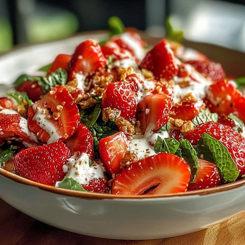 Vibrant Strawberry Crackle Salad topped with crunchy ingredients and fresh strawberries.