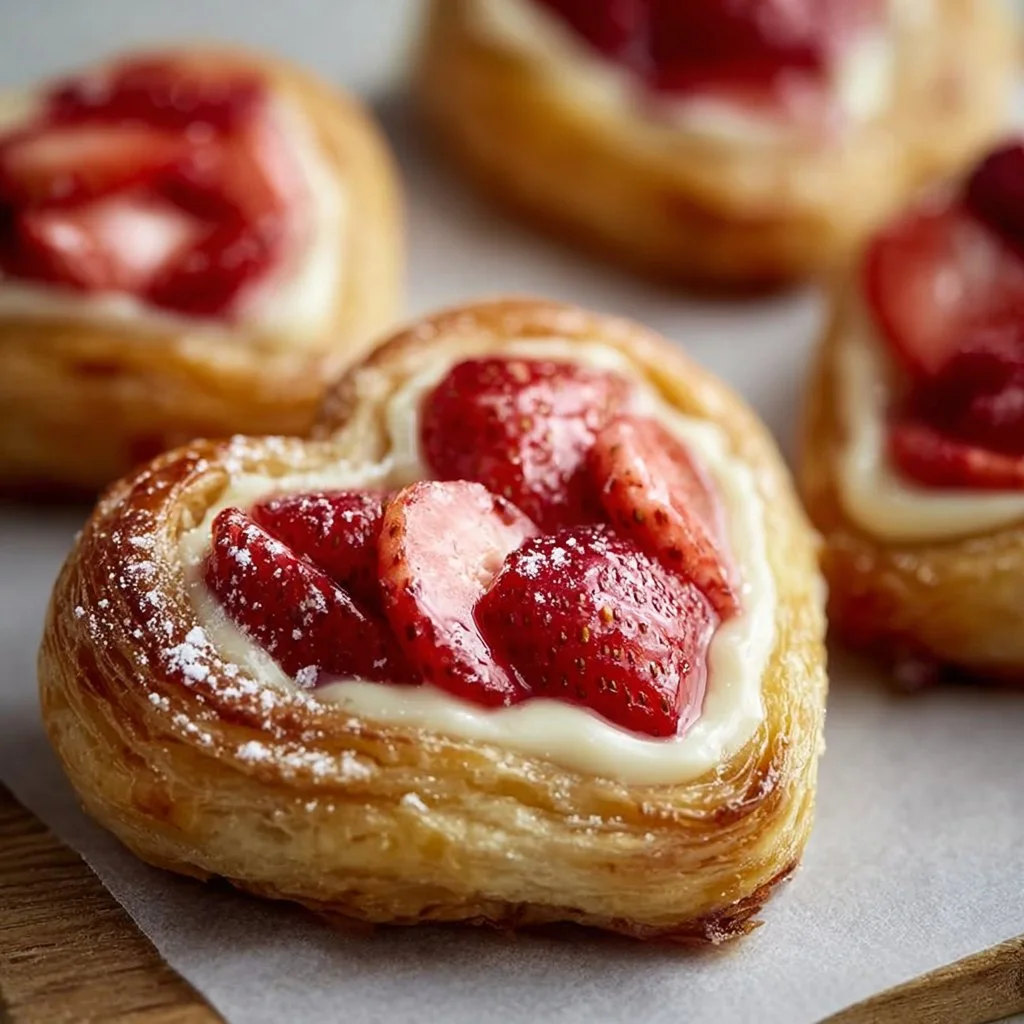 Heart-shaped Strawberry Cream Cheese Danishes on a platter