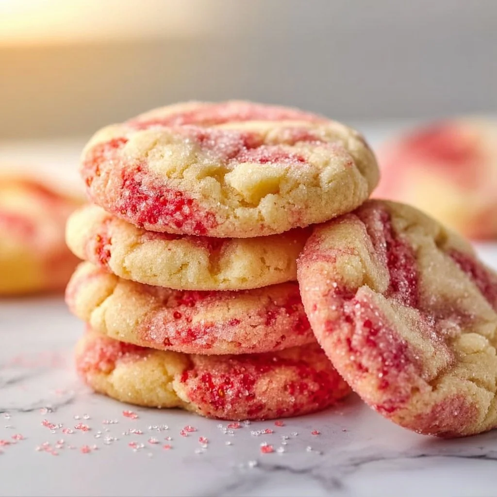 Freshly baked strawberry lemonade cookies with lemon zest and strawberries