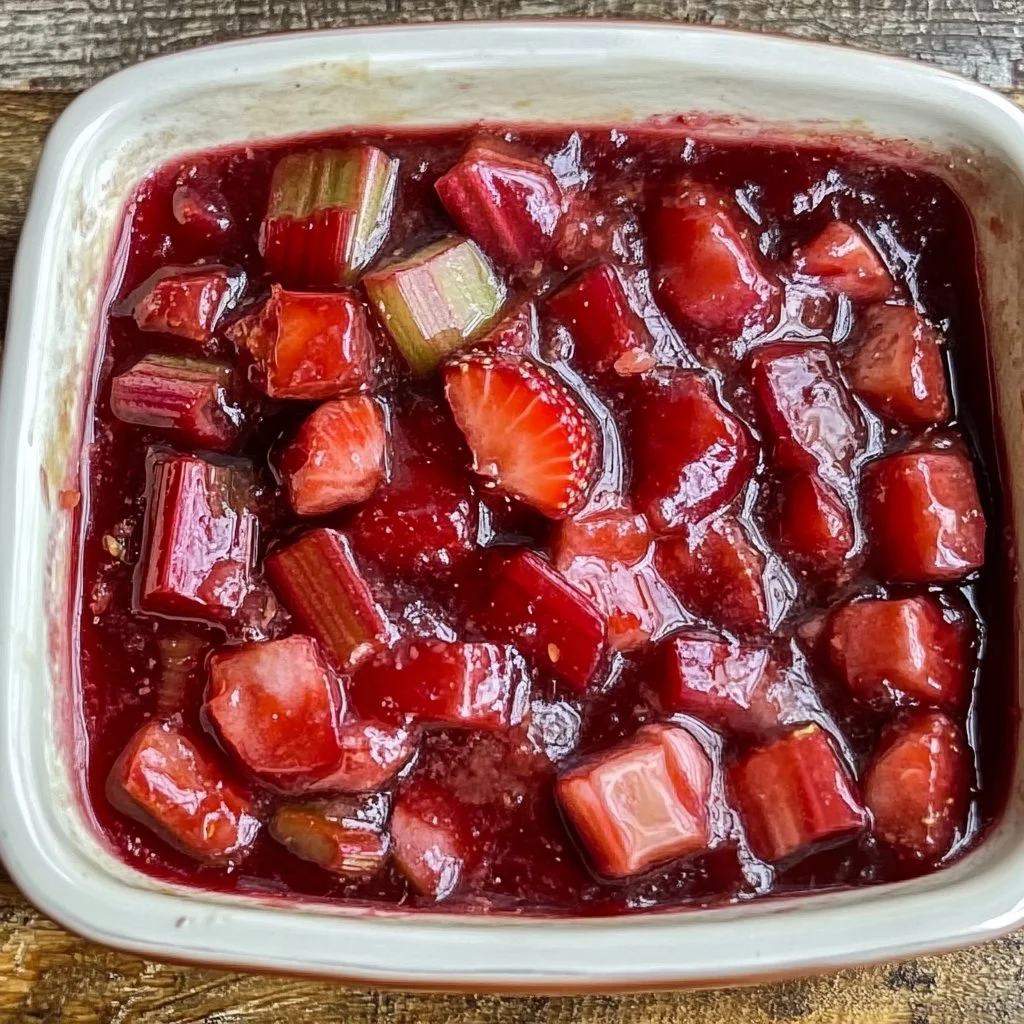 Delicious homemade strawberry rhubarb pie filling in a bowl