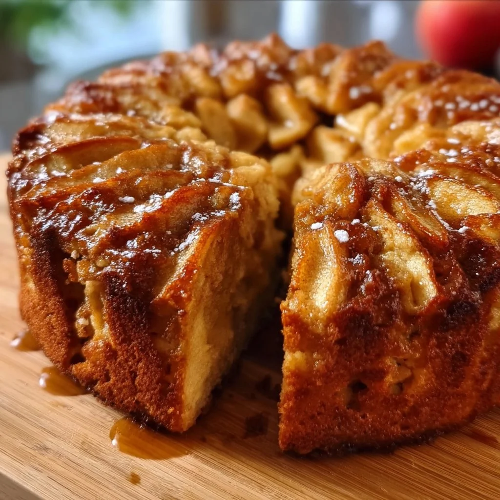 Slice of Swedish Apple Cake with apples and cinnamon on a plate
