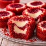 Delicious red velvet brownie bites topped with cream cheese frosting