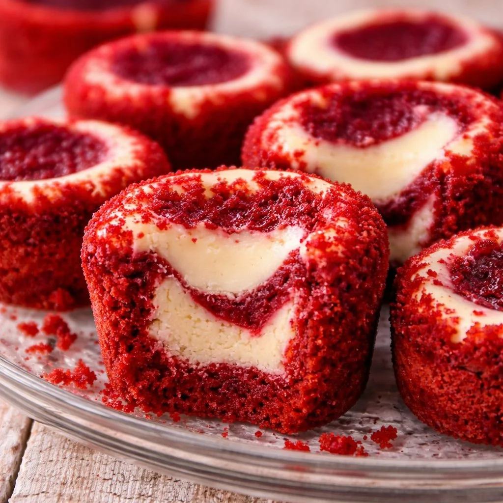 Delicious red velvet brownie bites topped with cream cheese frosting