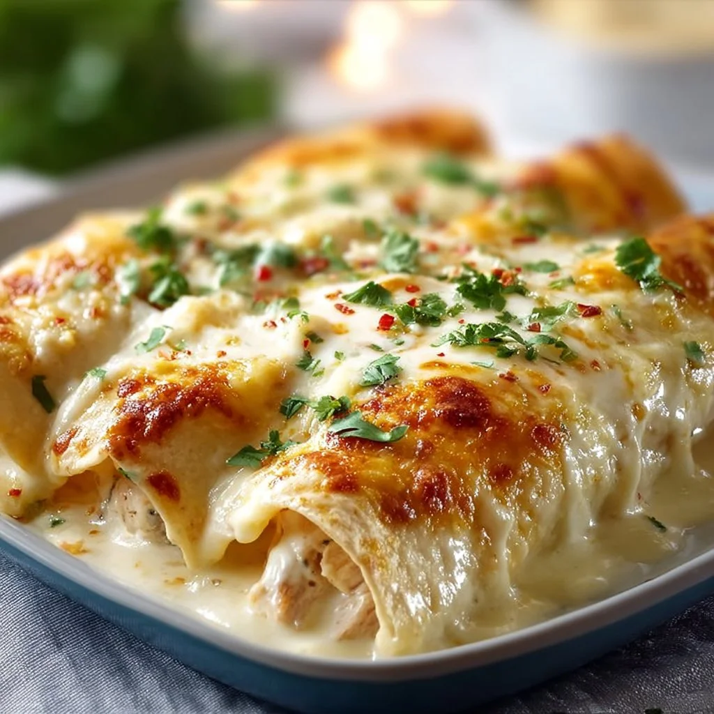 White Chicken Enchiladas 3 Creamy white chicken enchiladas served on a plate with toppings