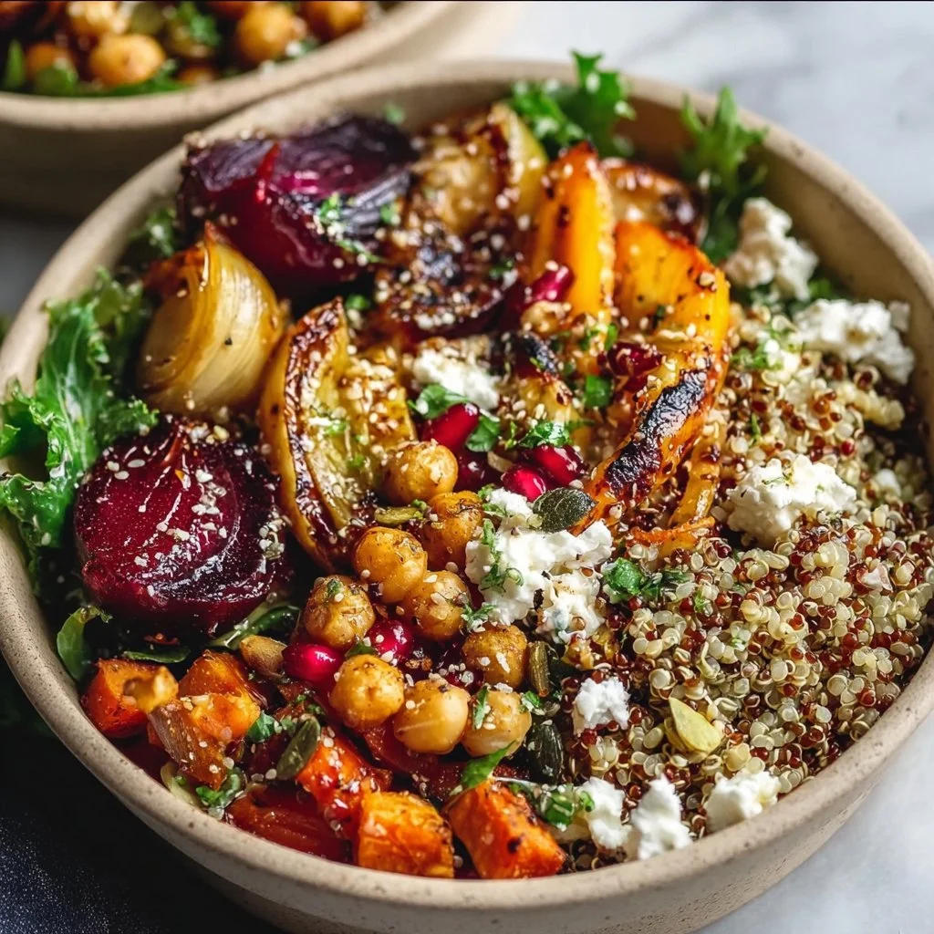 Delicious Winter Mediterranean Quinoa Bowl with seasonal vegetables and quinoa