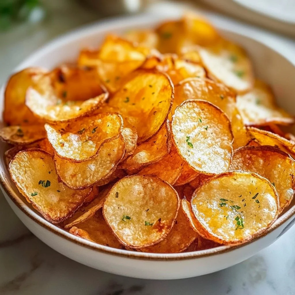 Homemade air fryer potato chips served in a bowl.