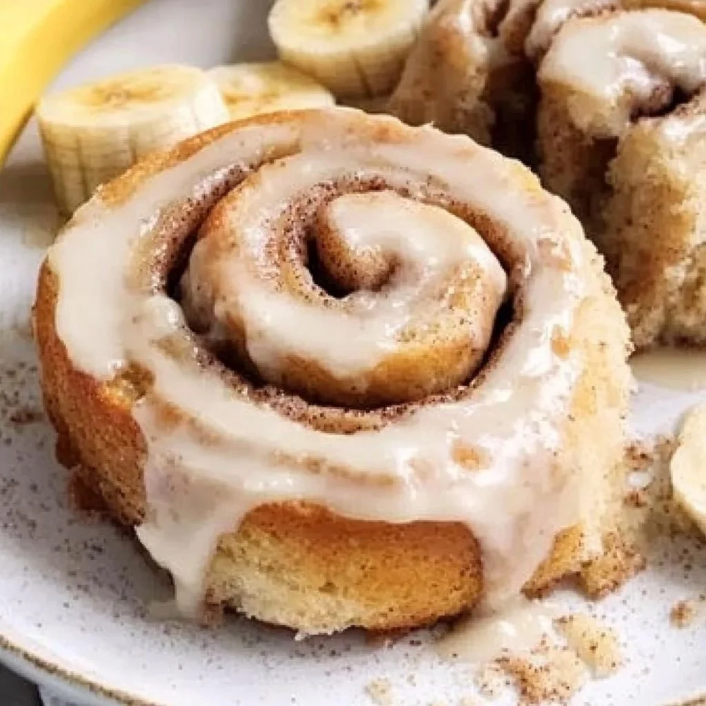 Delicious banana bread cinnamon rolls topped with icing.