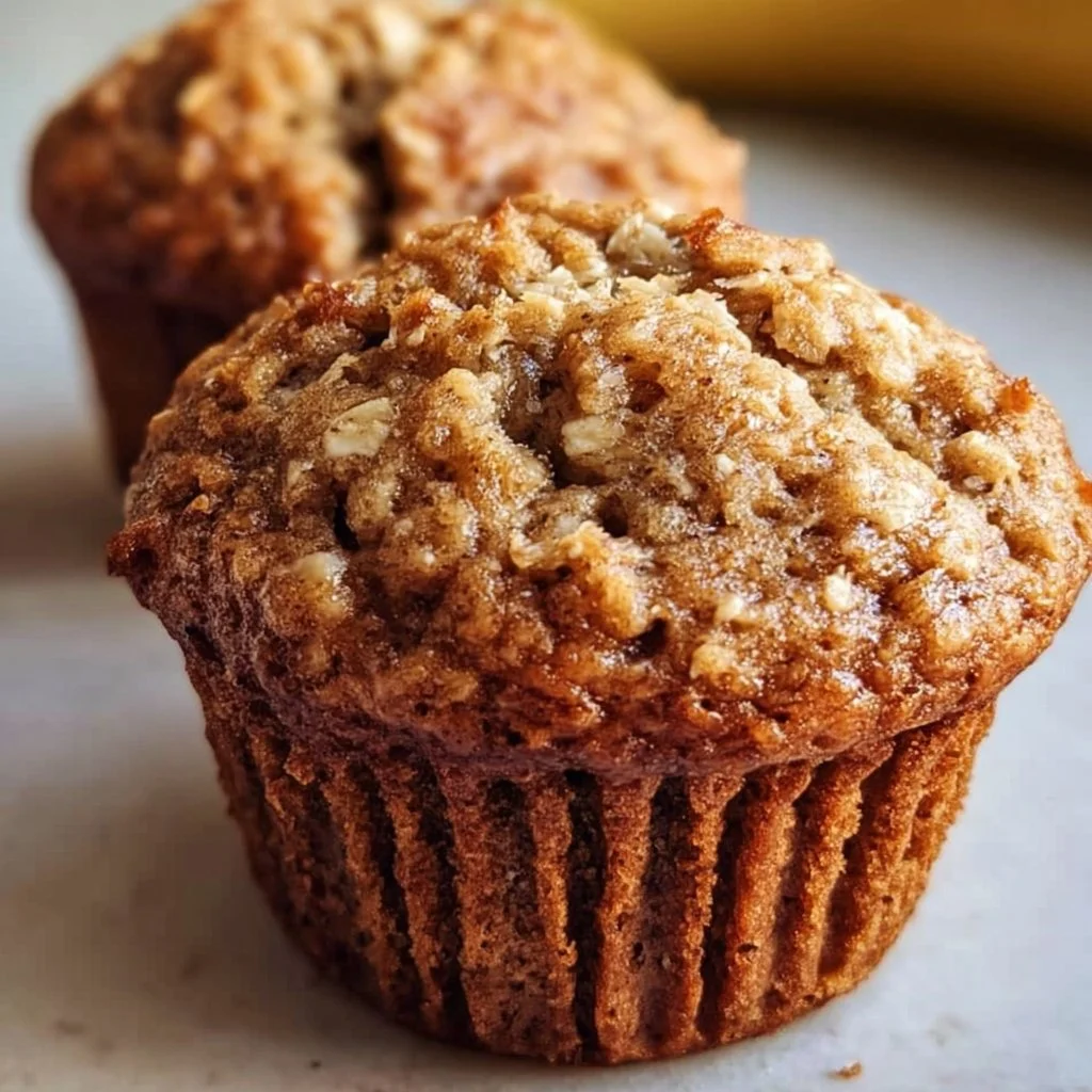 Freshly baked banana oatmeal muffins on a wooden table.