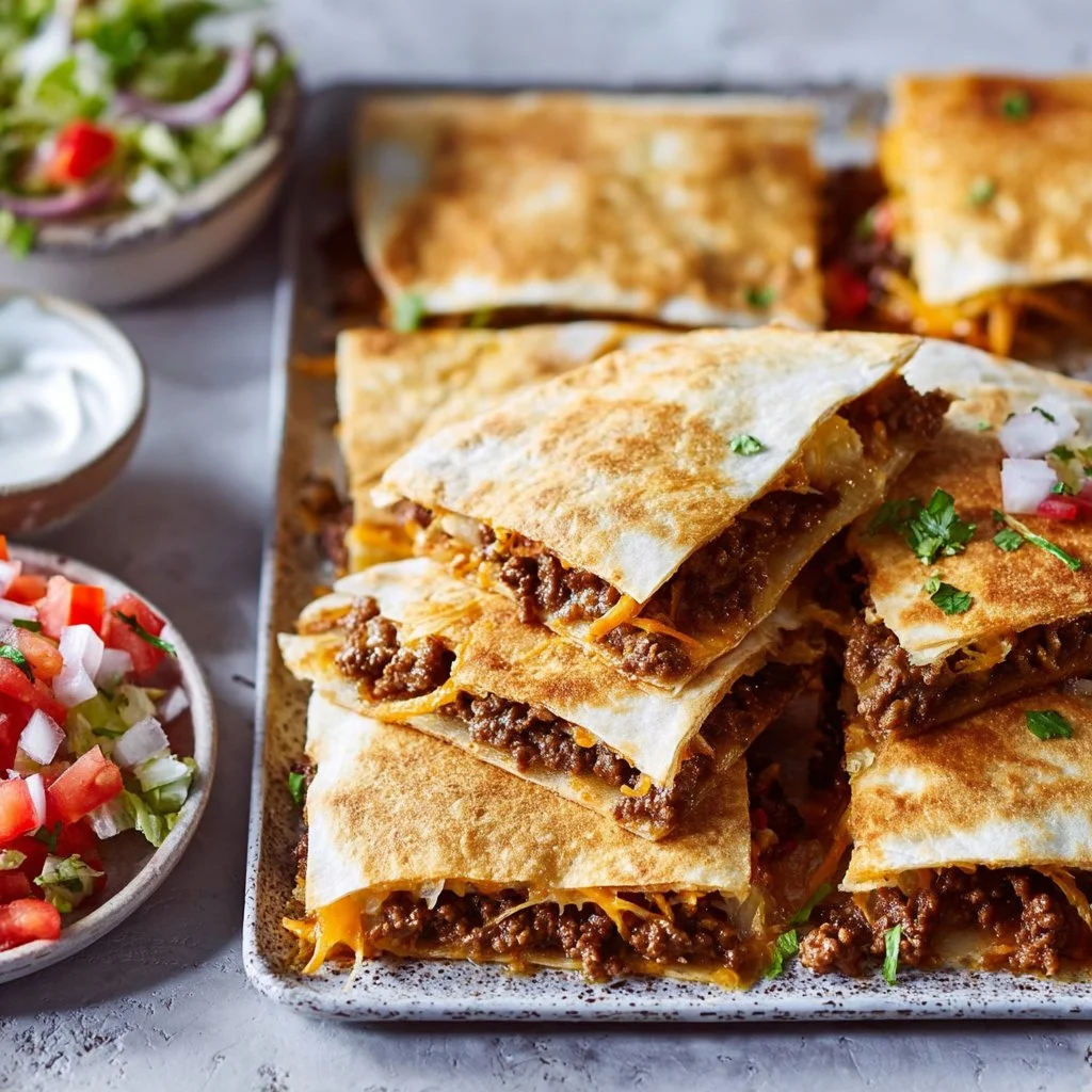 Delicious Beef Quesadilla Bake topped with melted cheese and fresh toppings