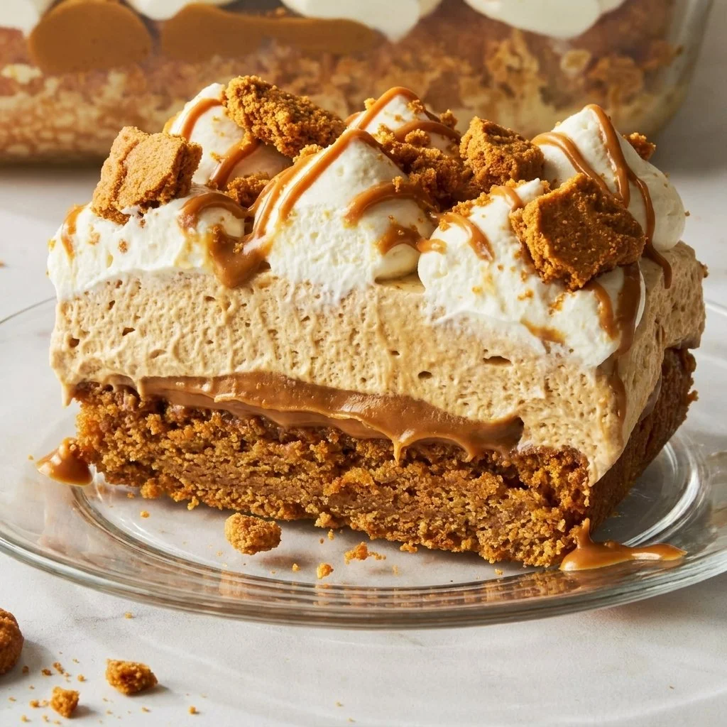 Delicious Biscoff Three Milks cake topped with crumbled Biscoff cookies