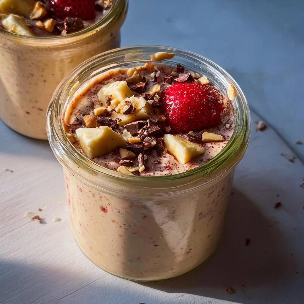 A creamy bowl of blended overnight oats topped with fruits and nuts
