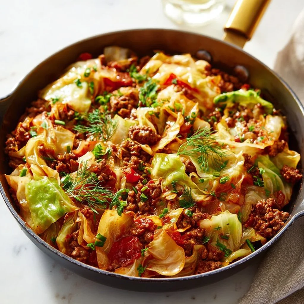 Cabbage roll skillet dish with ground meat and rice in a savory sauce