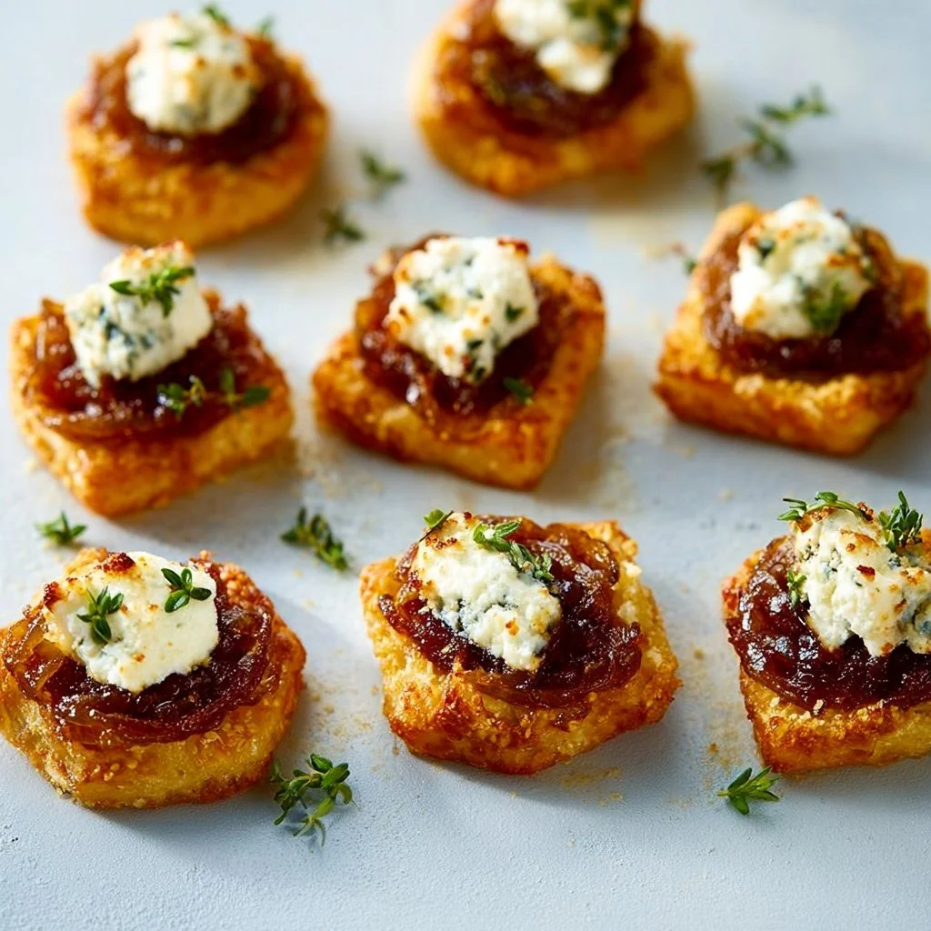 Caramelized onion and goat cheese bites on a serving platter