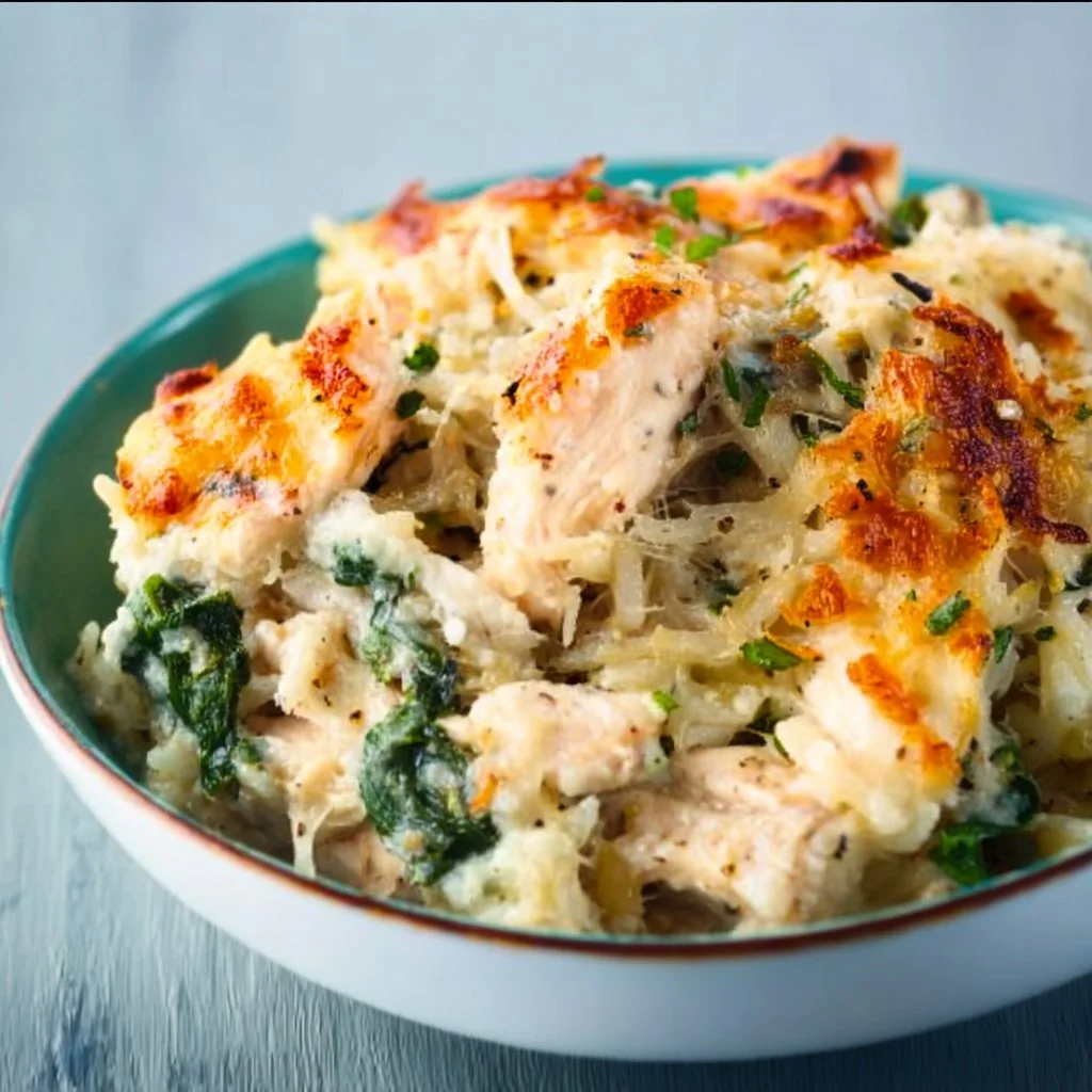 Delicious Chicken Spinach Artichoke Rice Casserole in a baking dish
