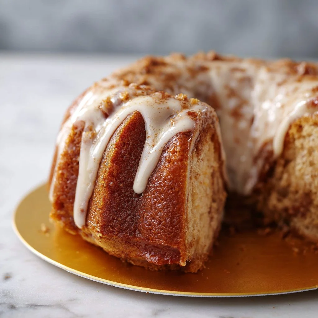 Delicious Cinnamon Roll Bundt Cake topped with icing on a serving plate.