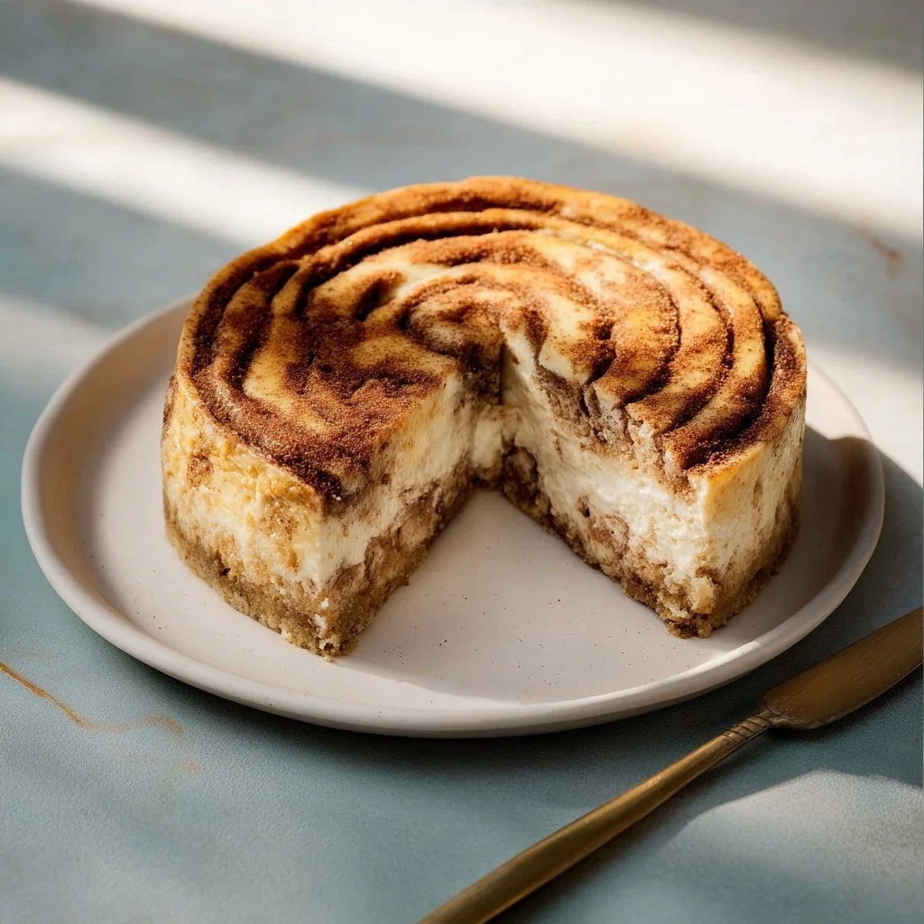 Delicious cinnamon roll cheesecake with swirls of cinnamon and cream cheese.