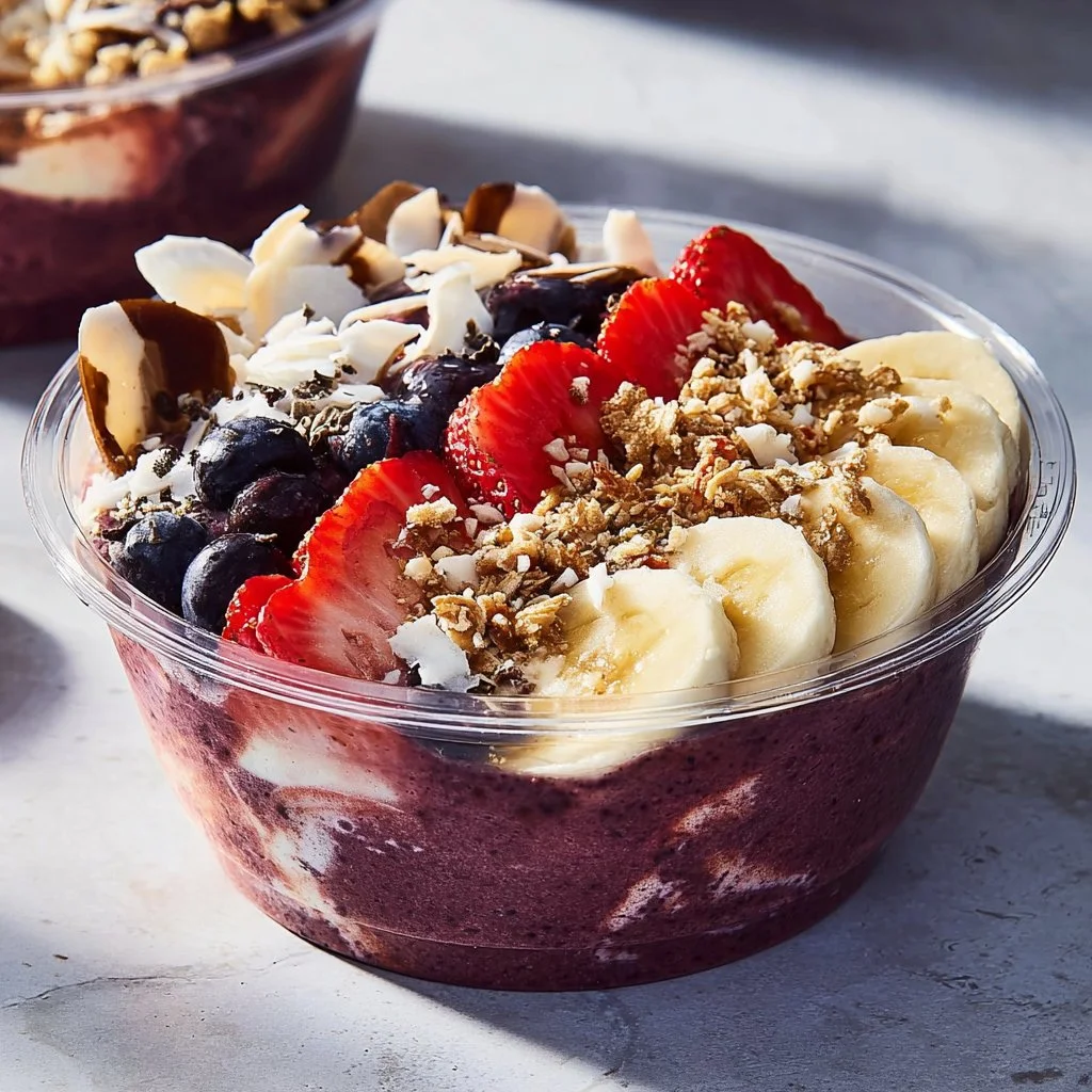 Delicious Copycat Acai Playa Bowl topped with fresh fruits and granola.
