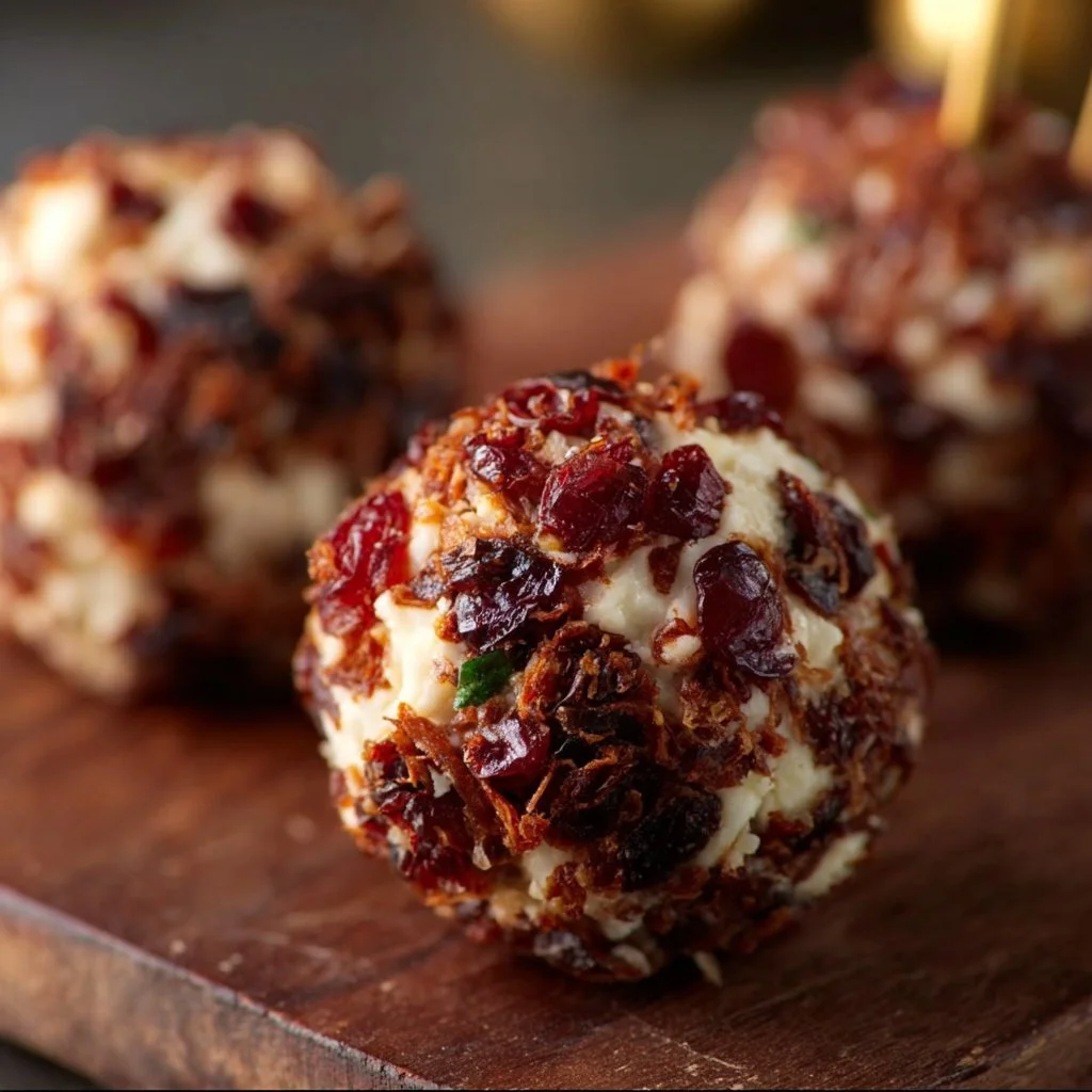 Cranberry Cheese Ball Bites served on a platter with festive decorations