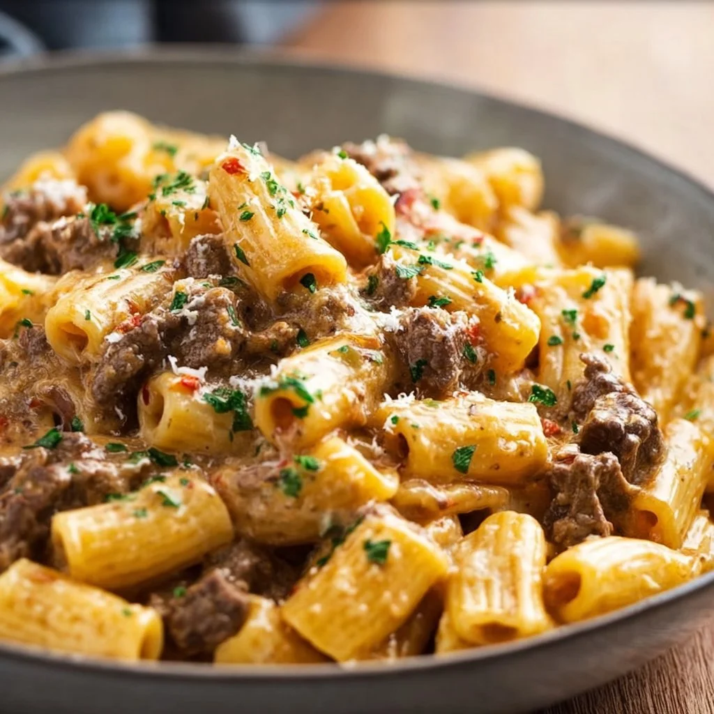 Creamy garlic butter beef pasta served in a bowl with herbs garnish