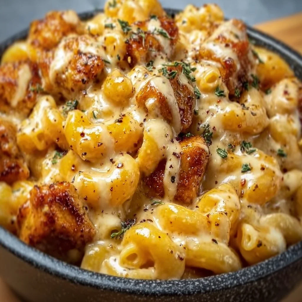 Creamy Honey Pepper Chicken Mac and Cheese topped with herbs and spices