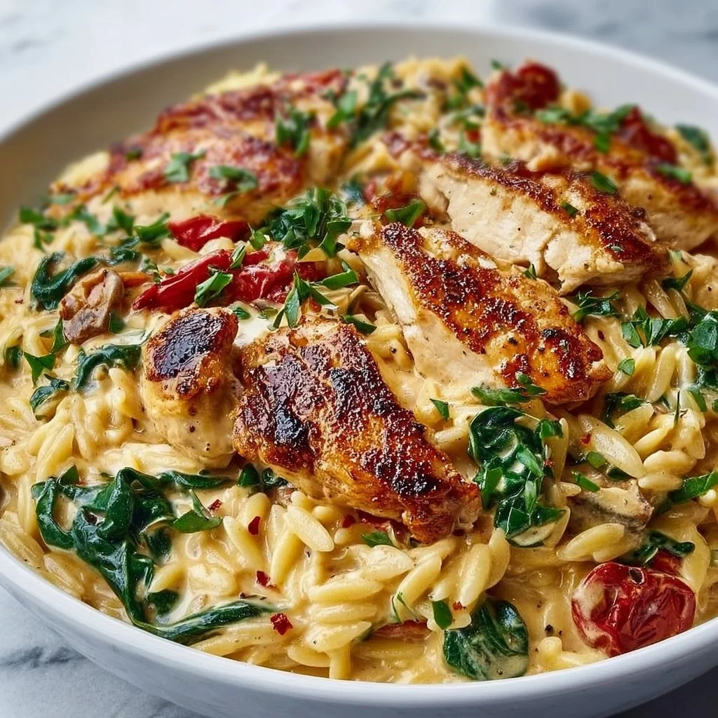 Creamy Tuscan Chicken Orzo with vegetables and herbs in a bowl