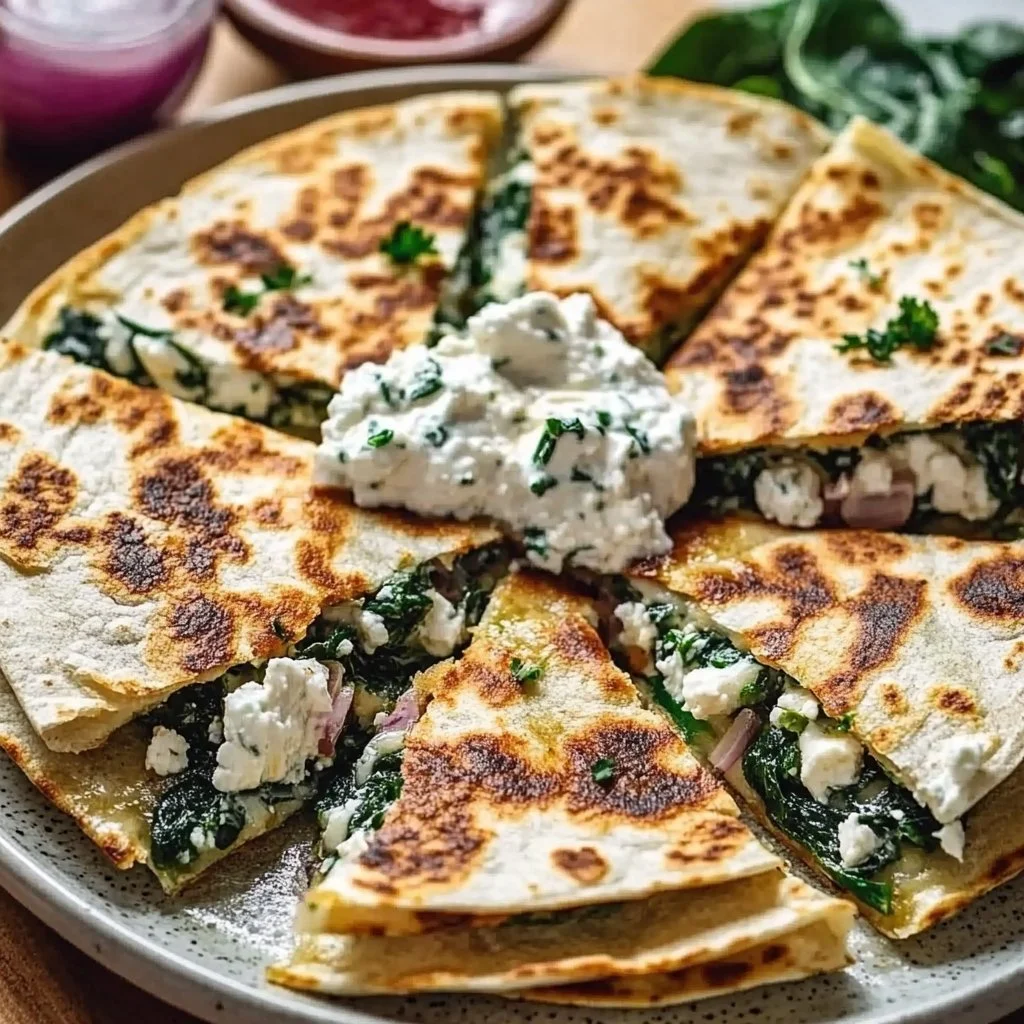 Crispy spinach feta quesadillas served with a side of dipping sauce