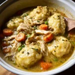 Delicious Crockpot Chicken and Dumplings served in a bowl with herbs.