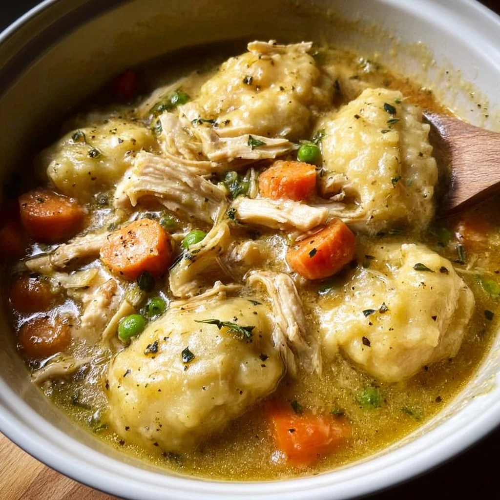 Delicious Crockpot Chicken and Dumplings served in a bowl with herbs.