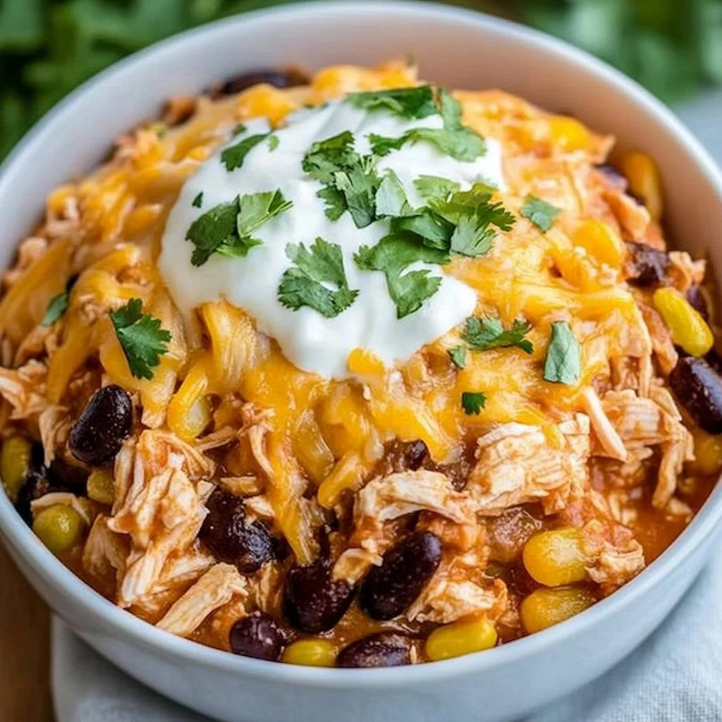 Crockpot Chicken Burrito Bowl 3 Crockpot Chicken Burrito Bowl with chicken, rice, and toppings