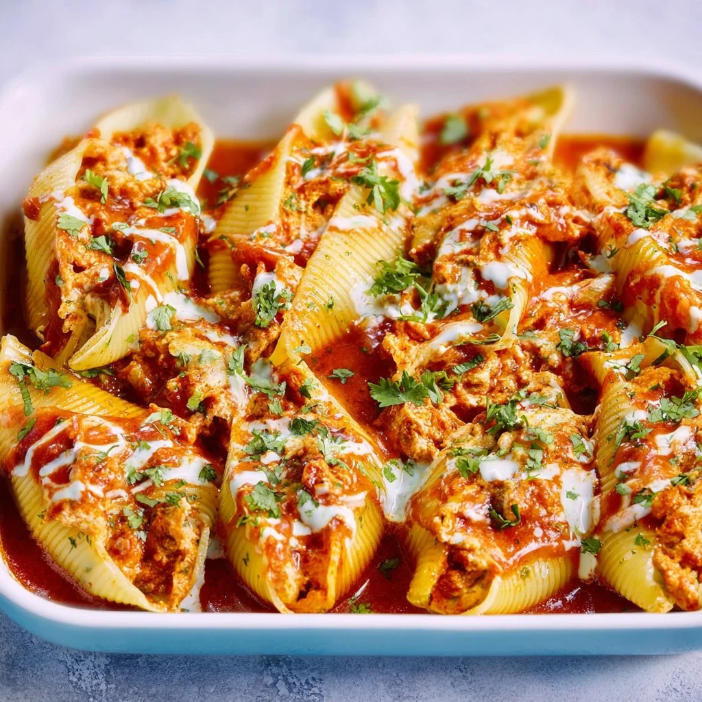 Delicious enchilada stuffed shells filled with cheese and spices