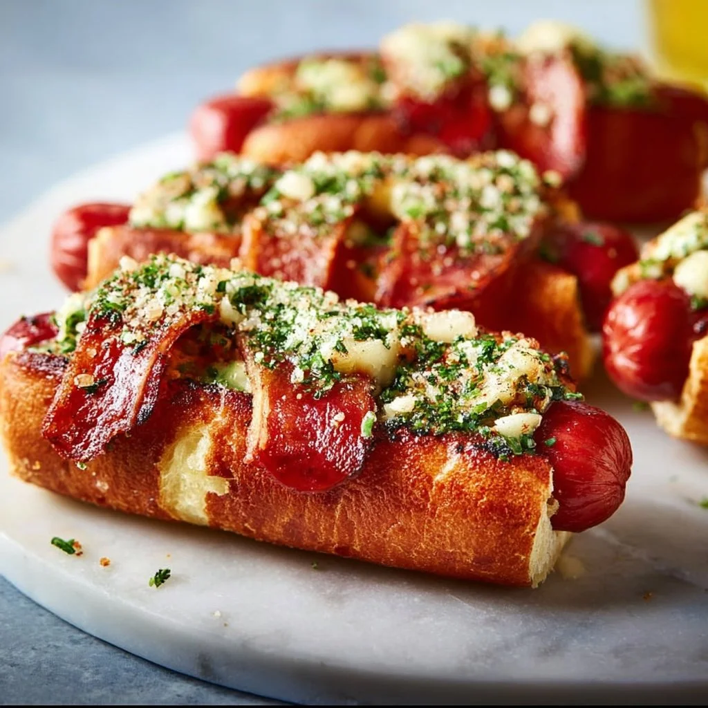 Delicious garlic bread hot dogs topped with fresh herbs and spices.