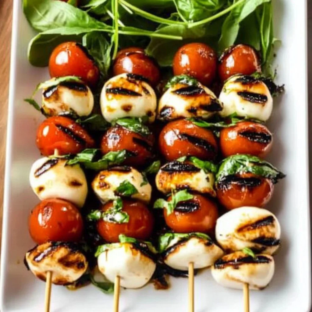Grilled Caprese Skewers with fresh mozzarella, cherry tomatoes, and basil on a platter