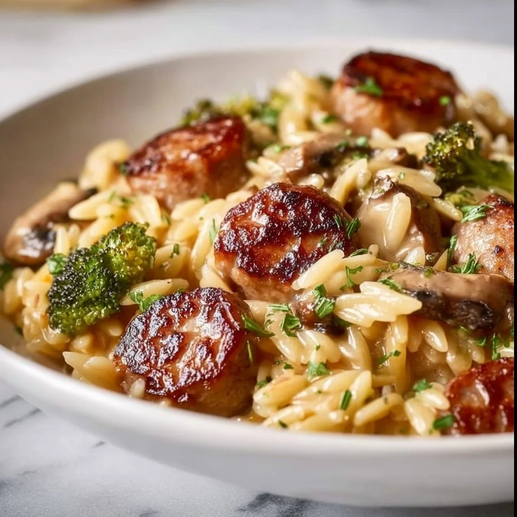 One-Pan Creamy Orzo with Chicken Sausage served in a bowl.