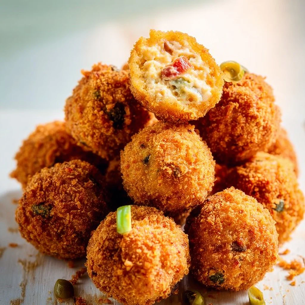 Delicious pimento cheese fried olives served as a gourmet snack.