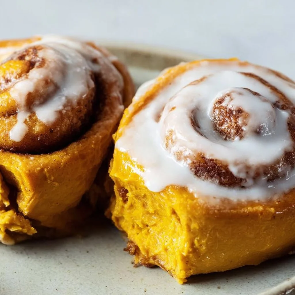 Freshly baked Pumpkin Cinnamon Rolls with cream cheese frosting