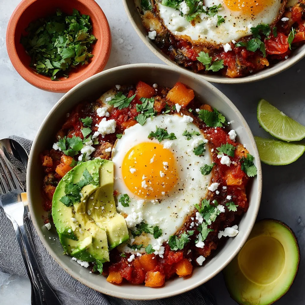 Delicious Ranch-style Eggs Breakfast Bowl with fresh vegetables and eggs.