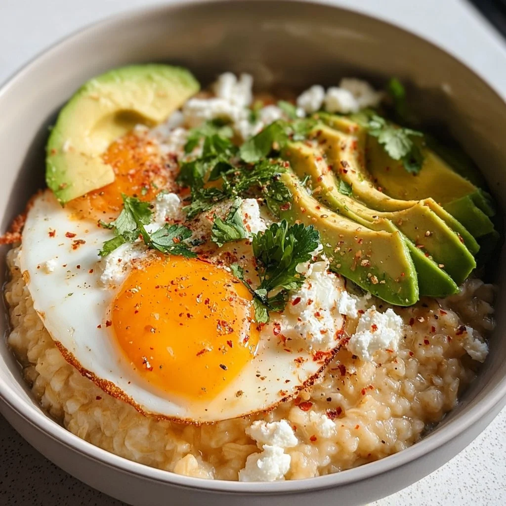 Bowl of savory avocado oatmeal topped with fresh herbs and spices.