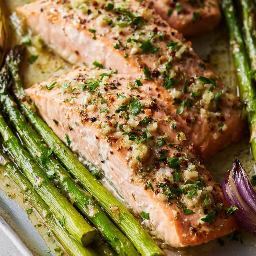 Sheet-pan garlic butter salmon with fresh asparagus on a baking sheet