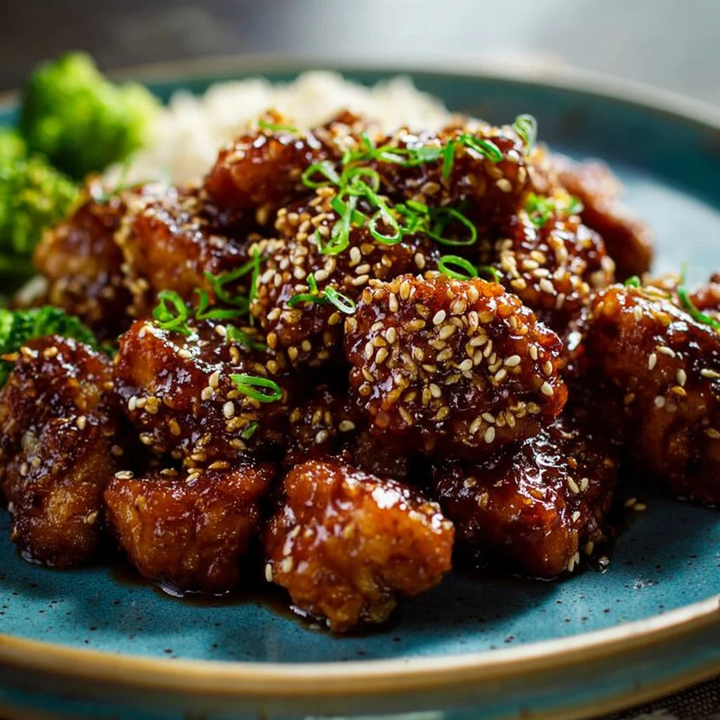 Delicious Shortcut Sesame Chicken served with rice and vegetables