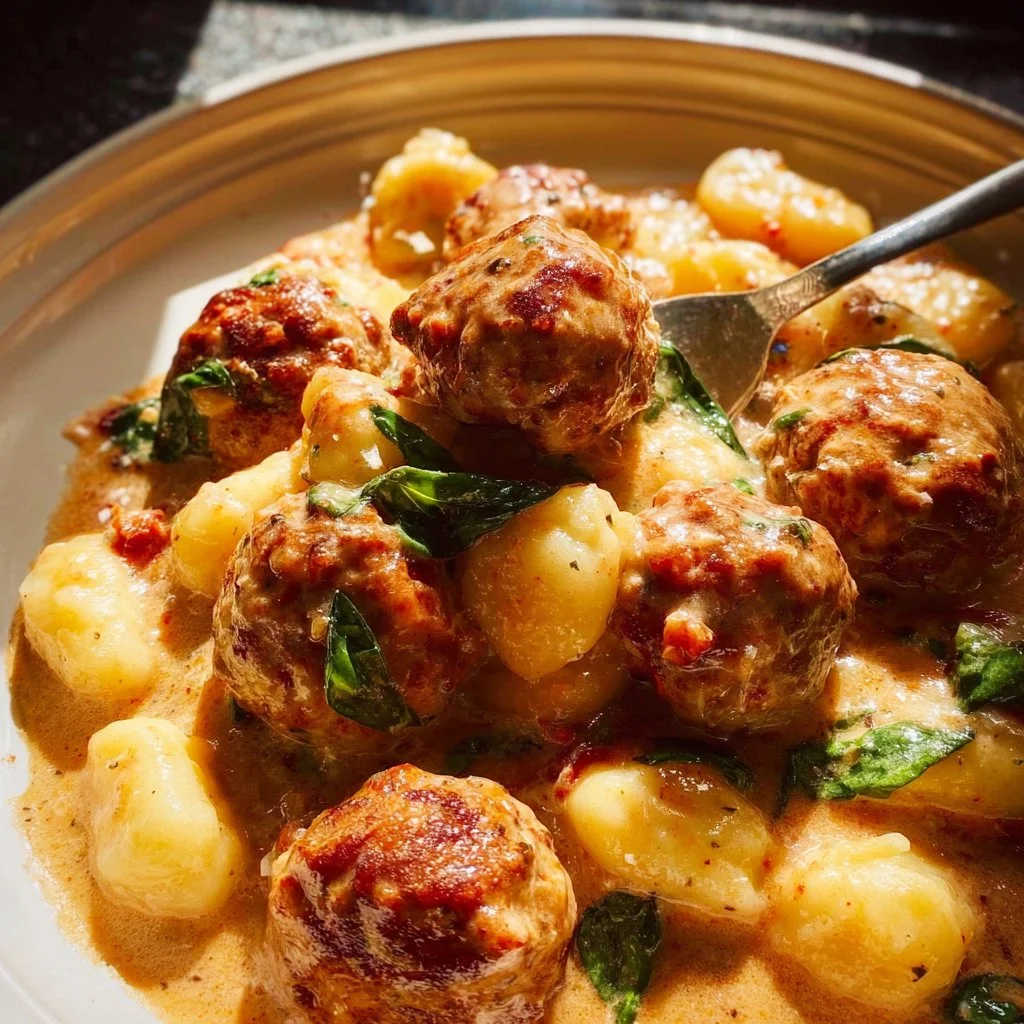 Slow-cooker Tuscan chicken meatballs served with gnocchi in a flavorful sauce.