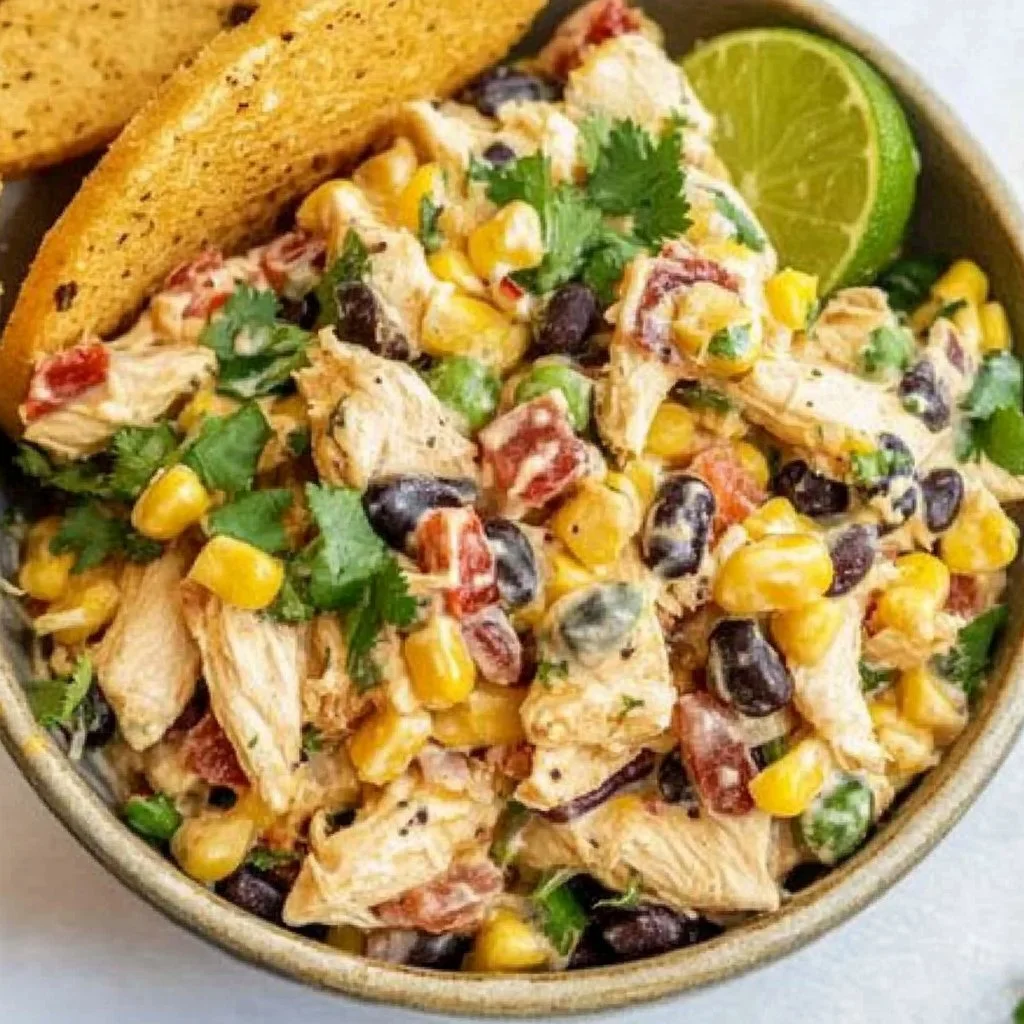 Southwest chicken salad with fresh vegetables and spices served in a bowl