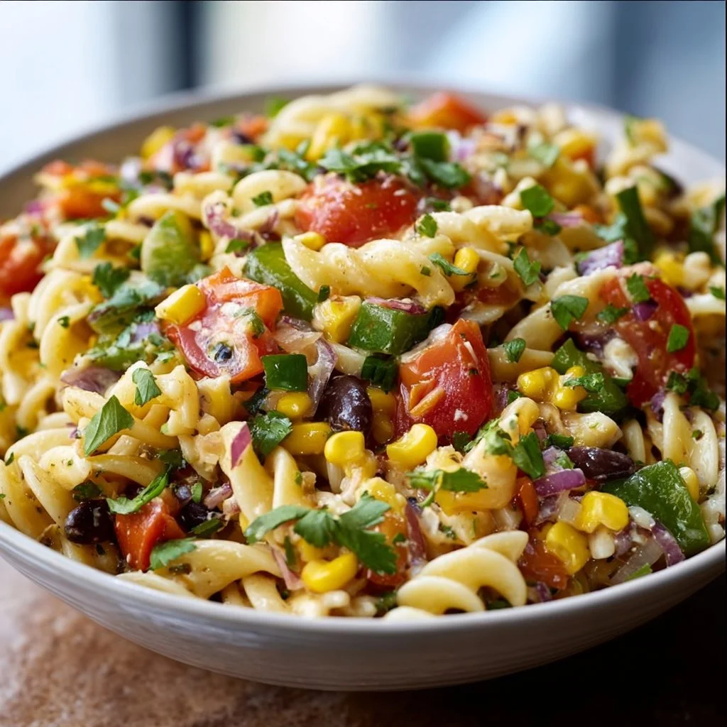 Colorful Southwest Pasta Salad with fresh vegetables and dressing