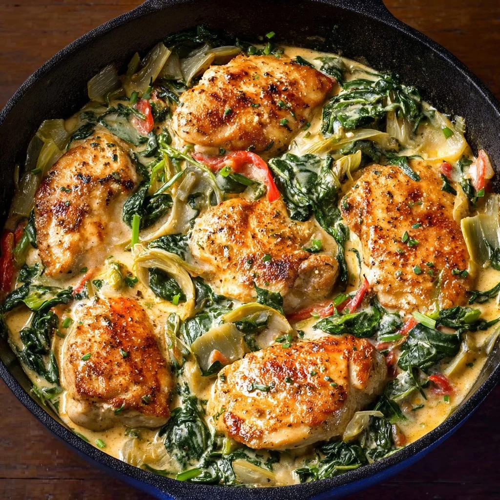 Plate of Spinach Artichoke Chicken garnished with herbs