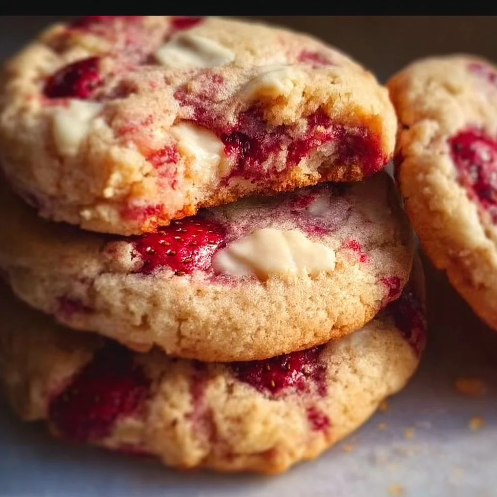 Delicious Strawberry Cheesecake Cookies stacked on a plate