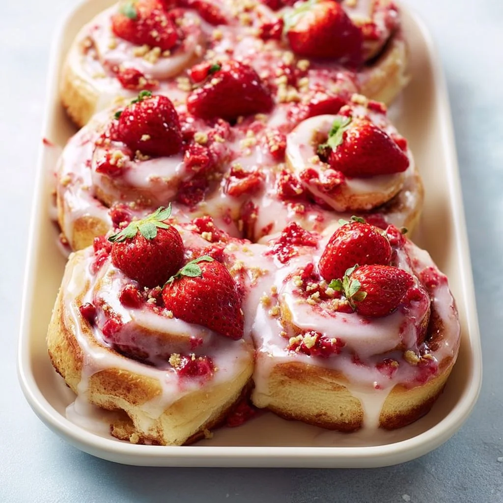 Strawberry crunch cinnamon rolls topped with strawberry crumble and icing