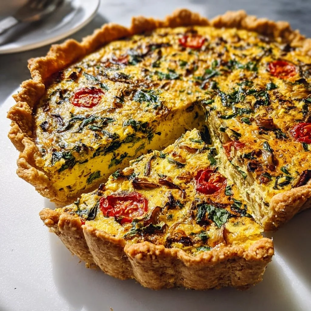 Delicious vegan quiche made with fresh vegetables and a savory crust